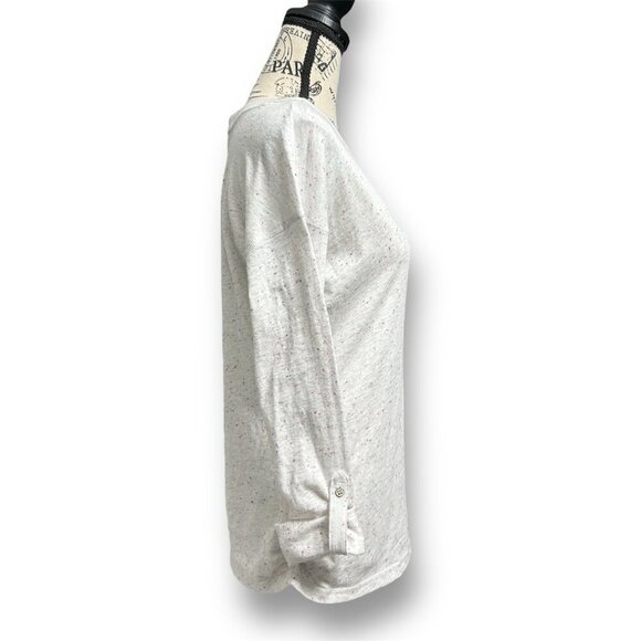 T by Talbots S Gray Speckled Cotton Split Neck Henley Roll Tab Sleeves Casual - Picture 3 of 8